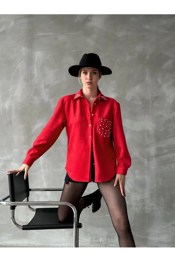 Wholesale Shirt with Tassel Pocket - Red | TOPSHOW | F1617