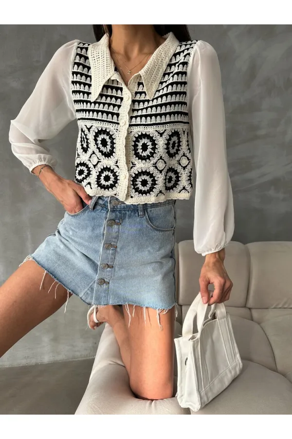 Çiçek Desenli Kısa Toptan Hırka | F0025 - Taş Siyah | TOPSHOW | F0025