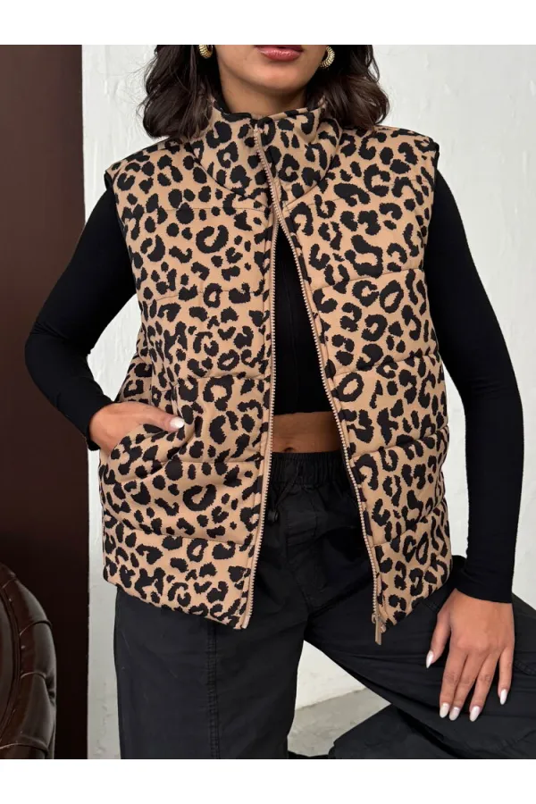 MINK BLACK F 1785 LEOPARD PRINT QUILTED VEST