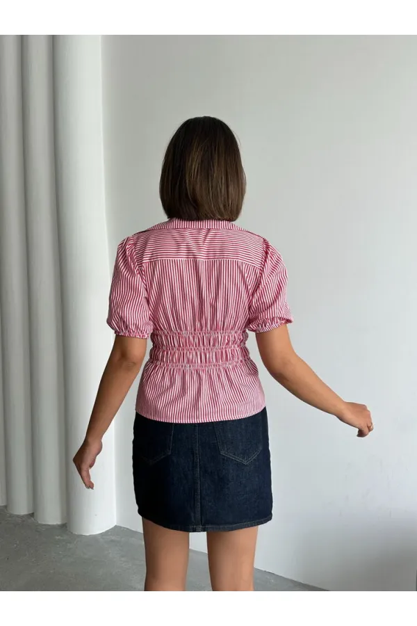 Önden Bağlamalı Çizgili Gömlek - Bordo Topshow