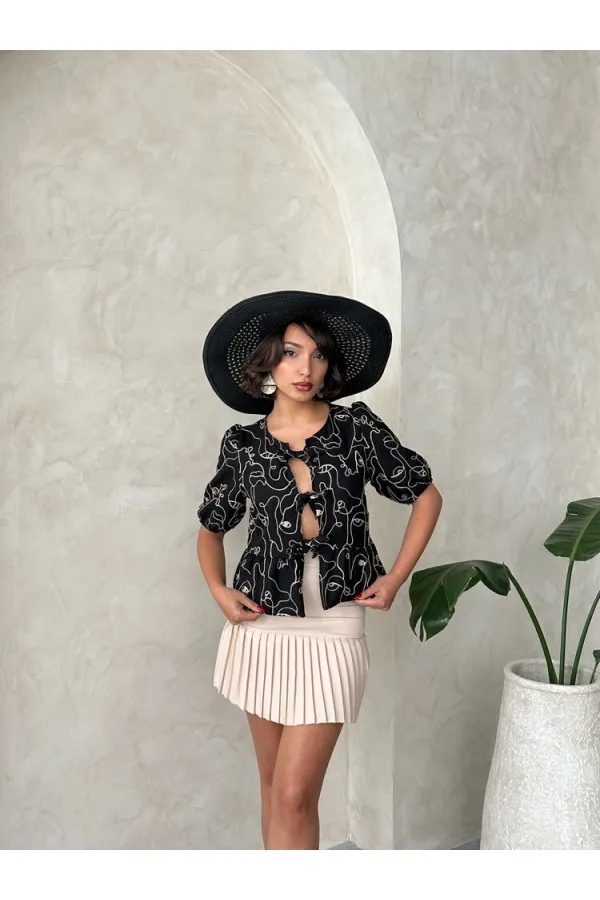 Önden Bağlamalı Nakışlı Toptan Bluz - Siyah | Topshow