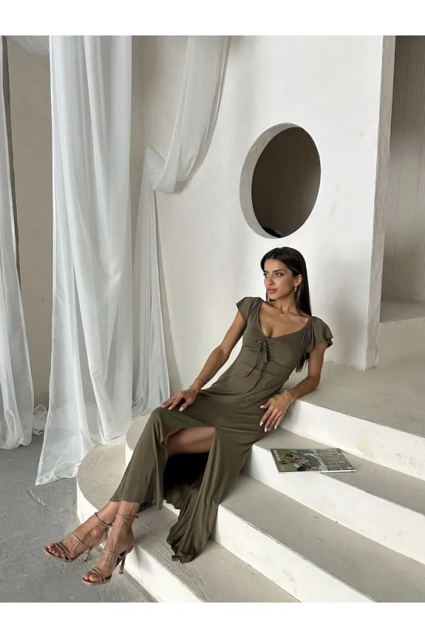 Topshow Khaki Plain Viscose Wholesale Dress