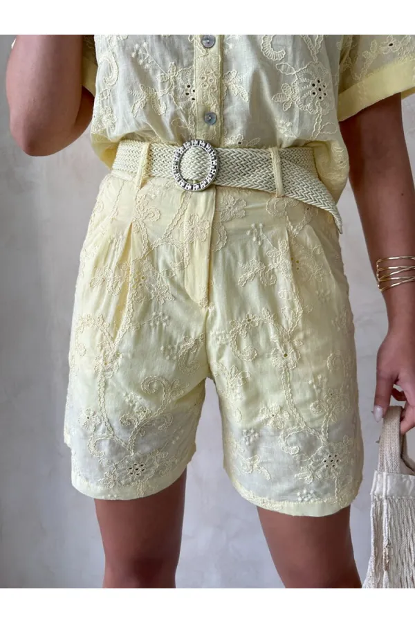 Nakışlı Vual Şort - Sarı Topshow