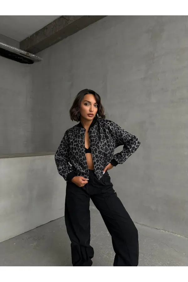 Kaşe Toptan Mont - Gri Leopar | TOPSHOW | F1827