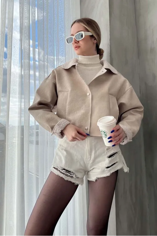 Nubuk Yakası Kürklü Toptan Mont - Taş | TOPSHOW | F1577