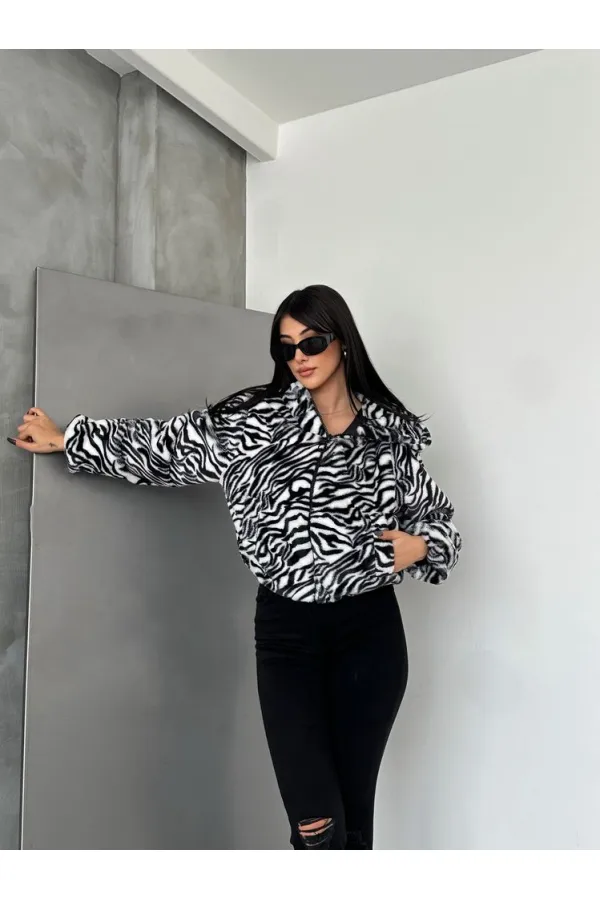 Leopar Bskılı Pejuş Toptan Mont - Siyah Zebra | TOPSHOW | F1654