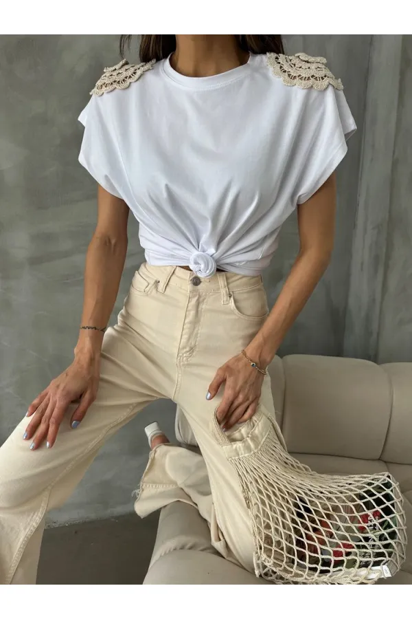 Topshow Beyaz Omuzu Dantelli Toptan T-Shirt