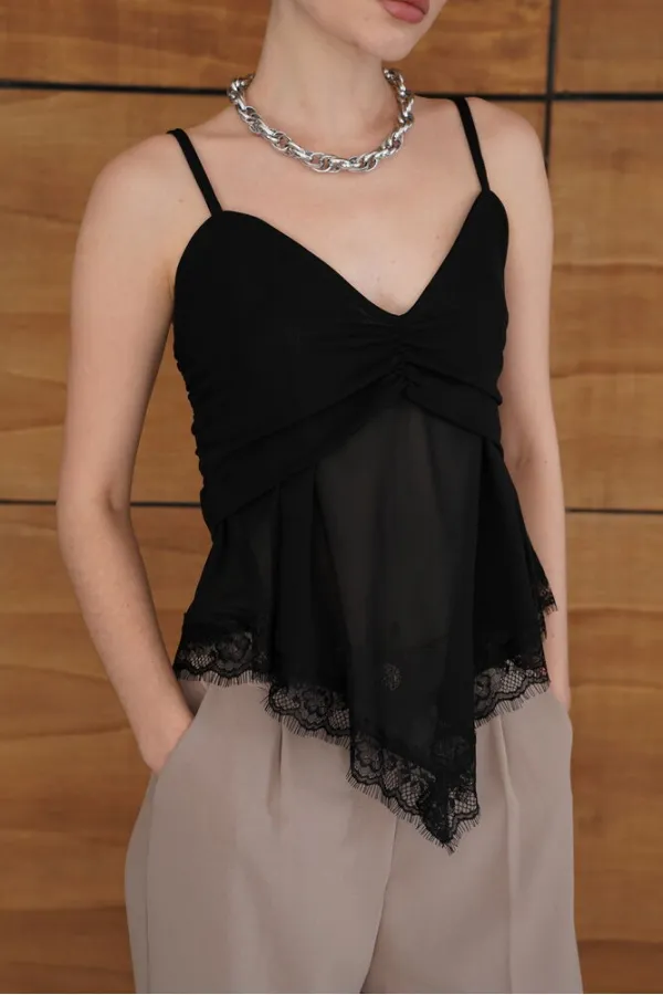 Strappy Lace Detail Tulle Wholesale Blouse - Black | D2979 - Topshow
