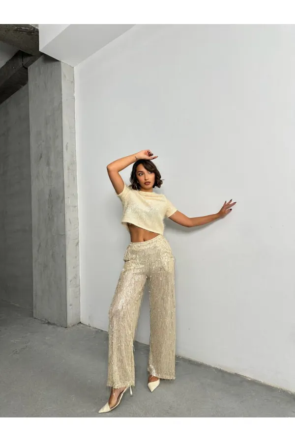 Simli Saçaklı Toptan Bluz - Krem | TOPSHOW | F1832