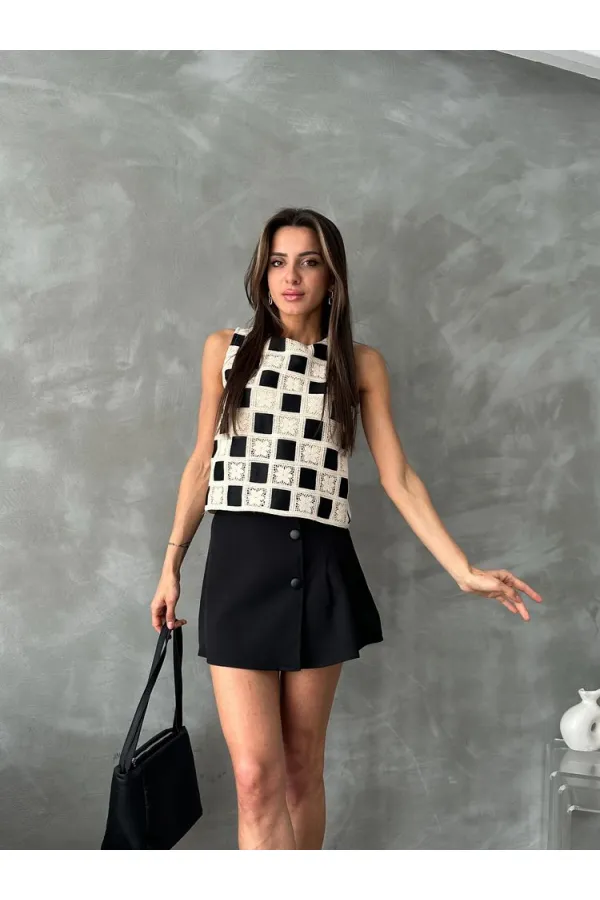 Topshow Black Checkerboard Pattern Crochet Wholesale Blouse