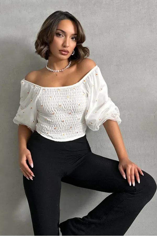 Gipeli Papatya Desenli Toptan Bluz - Krem | TOPSHOW | F0988