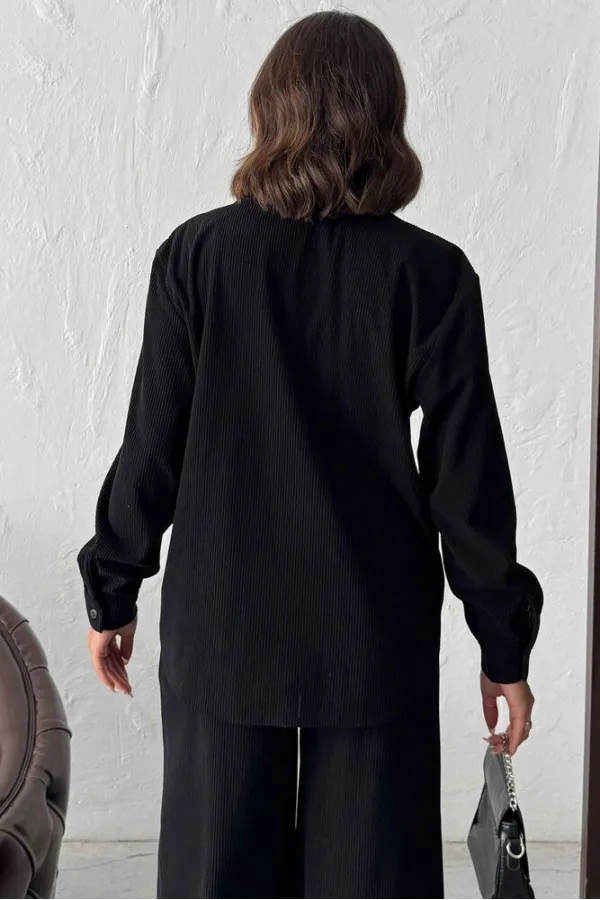 Topshow - Wholesale Embroidered Corduroy Shirt with Pocket - Black