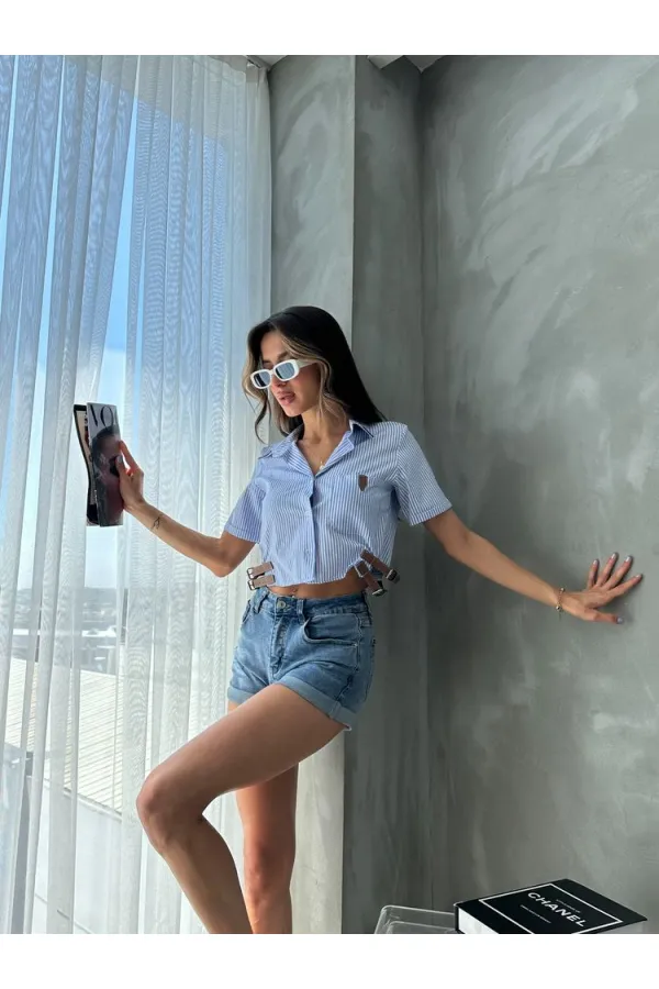 Topshow Blue Striped Belt Detailed Striped Wholesale Shirt