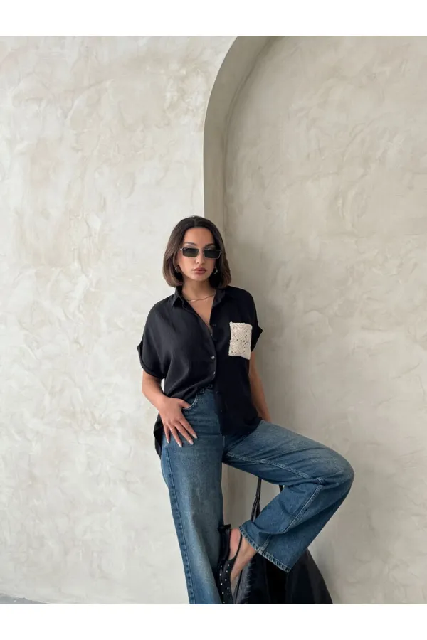 Chemise en lin noir brut Topshow avec poche appliquée et poche appliquée - Vente en gros