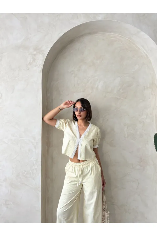 Striped Blouse with Guipure Detail - Yellow | Topshow