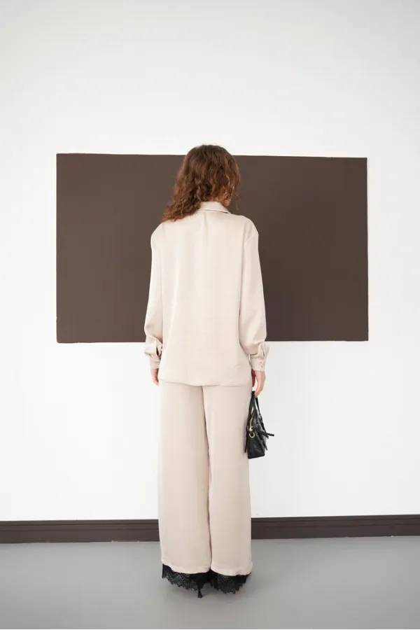 Pleated Hem Lace Up Wholesale Trousers - Stone | F2102 - Topshow