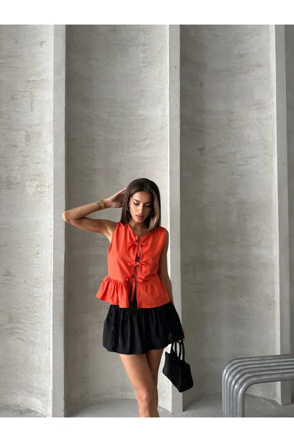 Topshow Orange Front Tie Wholesale Blouse