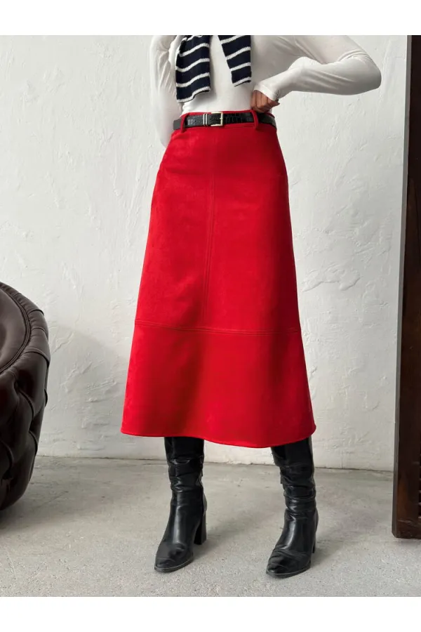 Topshow Scuba Suede Wholesale Skirt - Red | F2004