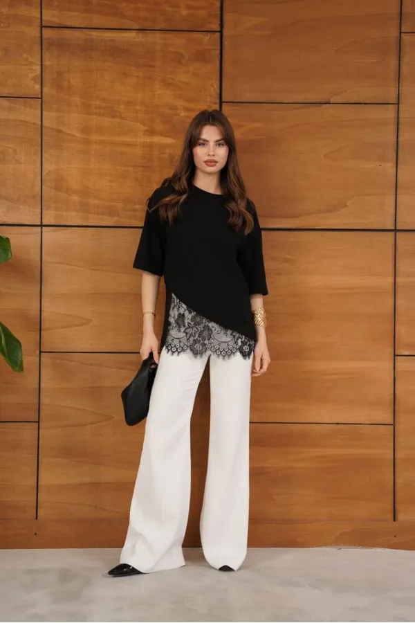 D 2953 DANTEL DETAYLI ASİMETRİK TİŞÖRT - SİYAH