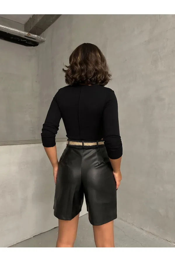 Kemerli Deri Toptan Şort - Siyah | TOPSHOW | F1497