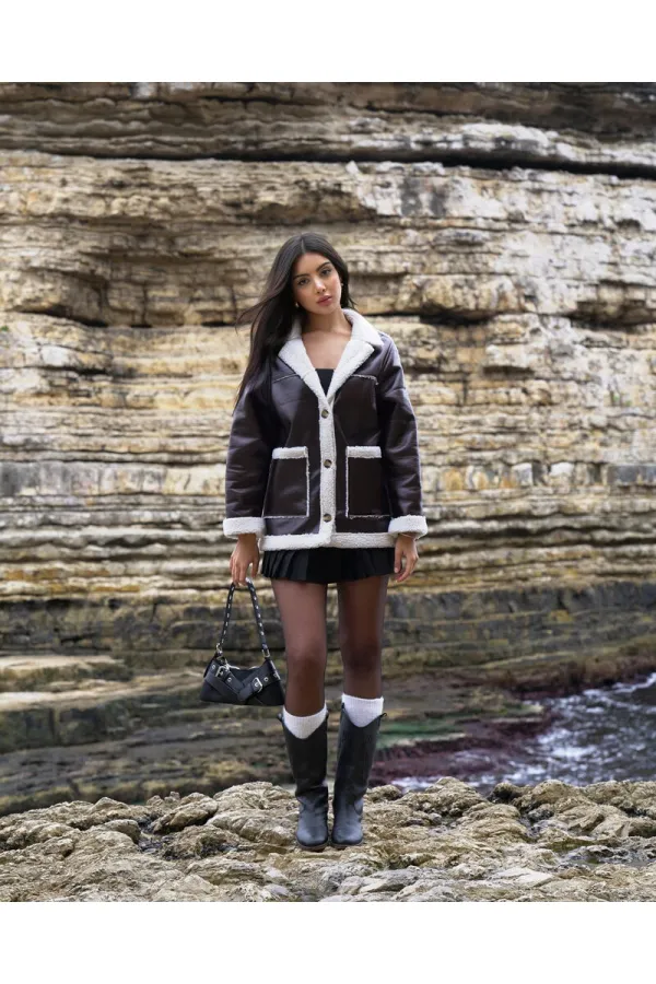 Deri Kürklü Toptan Mont - Kahve Krem | TOPSHOW | F1537