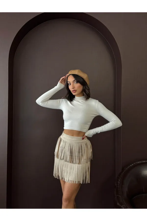 Topshow Tasseled Scuba Suede Wholesale Skirt - Stone | F2030