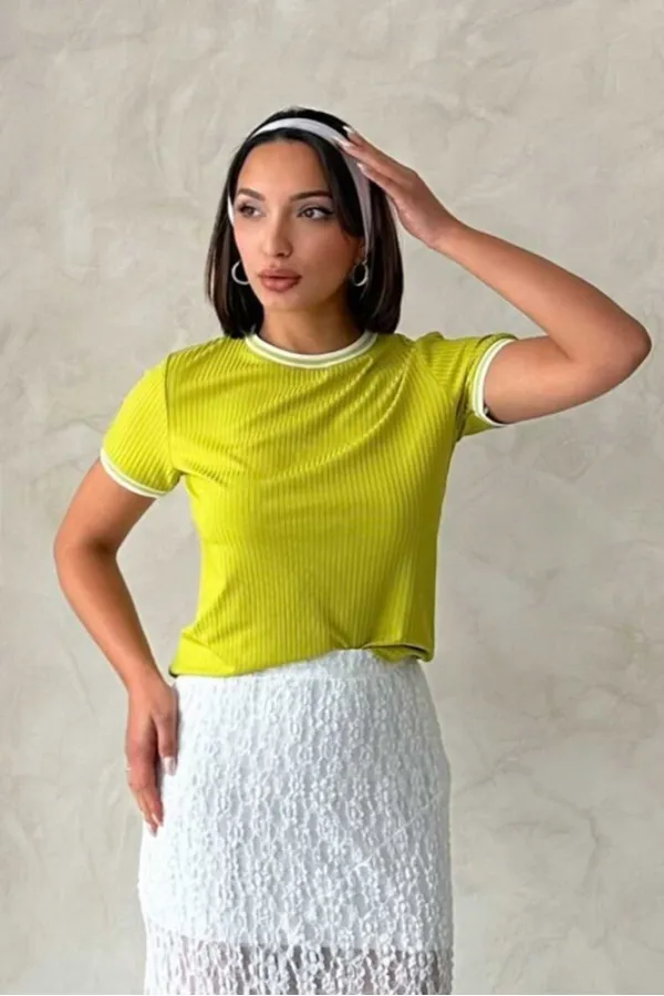 Topshow Fistık Krem Bisiklet Yaka Toptan T-Shirt