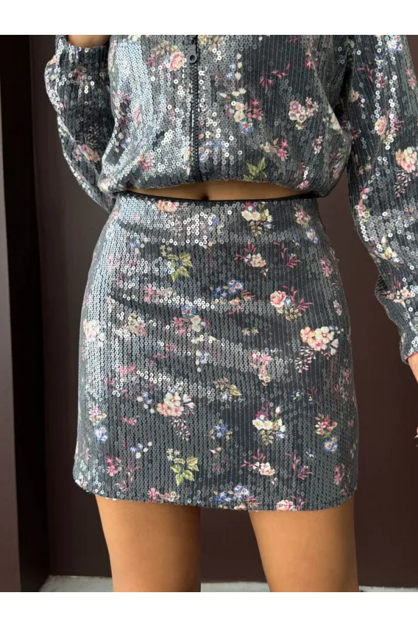 Topshow - Wholesale Flower Printed Sequin Short Skirt - Flower Dsn Sequin