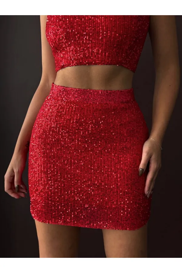 Topshow - Mini-jupe à sequins en gros - Mode chic pour les soirées et les fêtes - Rouge