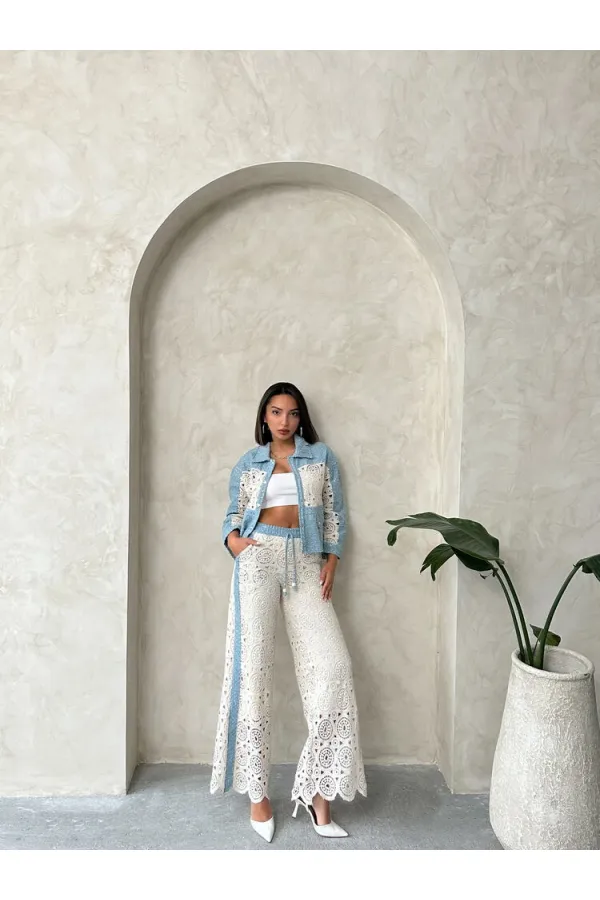 Veste en jean Topshow Blue DSN1 avec détails en dentelle (vente en gros) | F1758