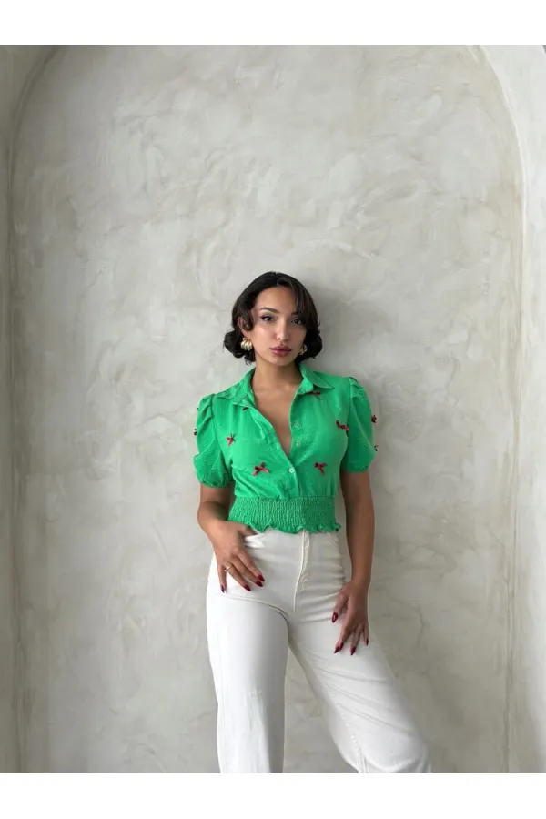 1 Fiyonklu Keten Toptan Gömlek - Zümrüt | Topshow