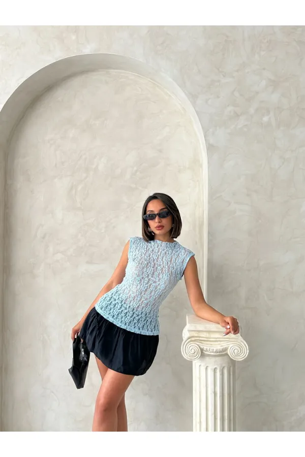 Blouse en dentelle à manches zéro - Bleue (vente en gros) | Topshow