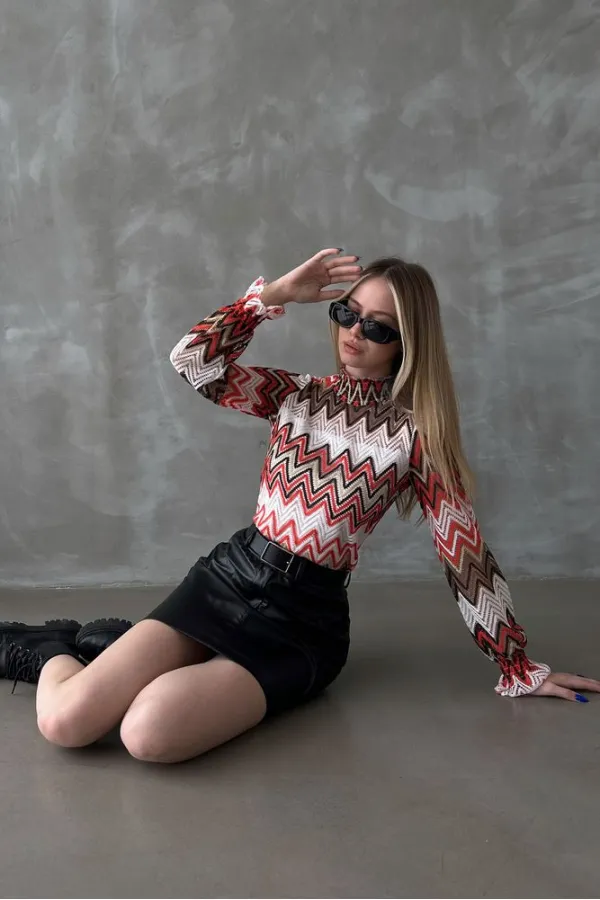 Blouse à motif zigzag en gros - Orange | TOPSHOW | F1558