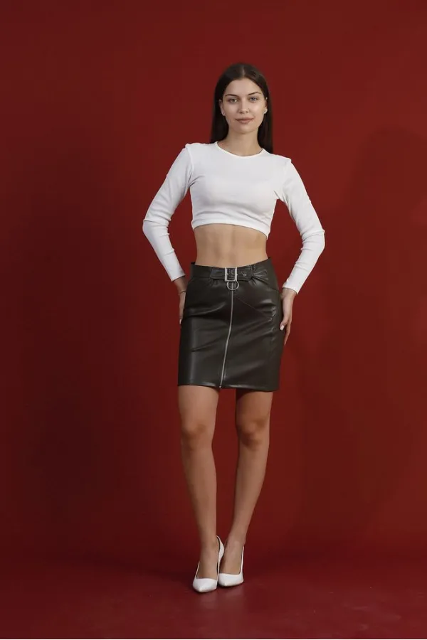 Fermuarlı Deri Toptan Etek - Haki | TOPSHOW | F0125