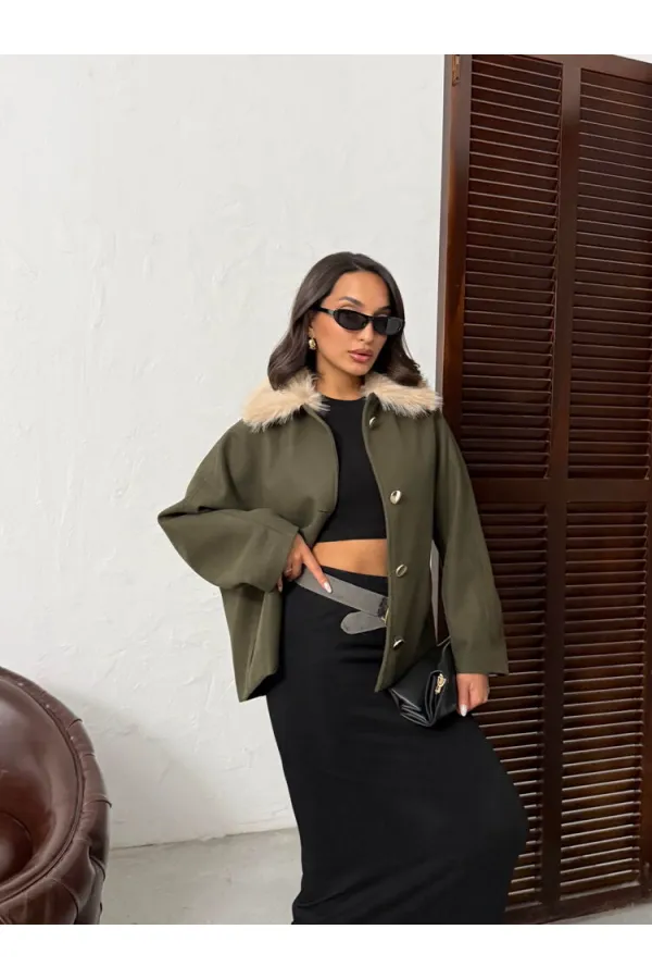 Manteau en cachemire à col peluche et boutons Topshow - Kaki | F2048