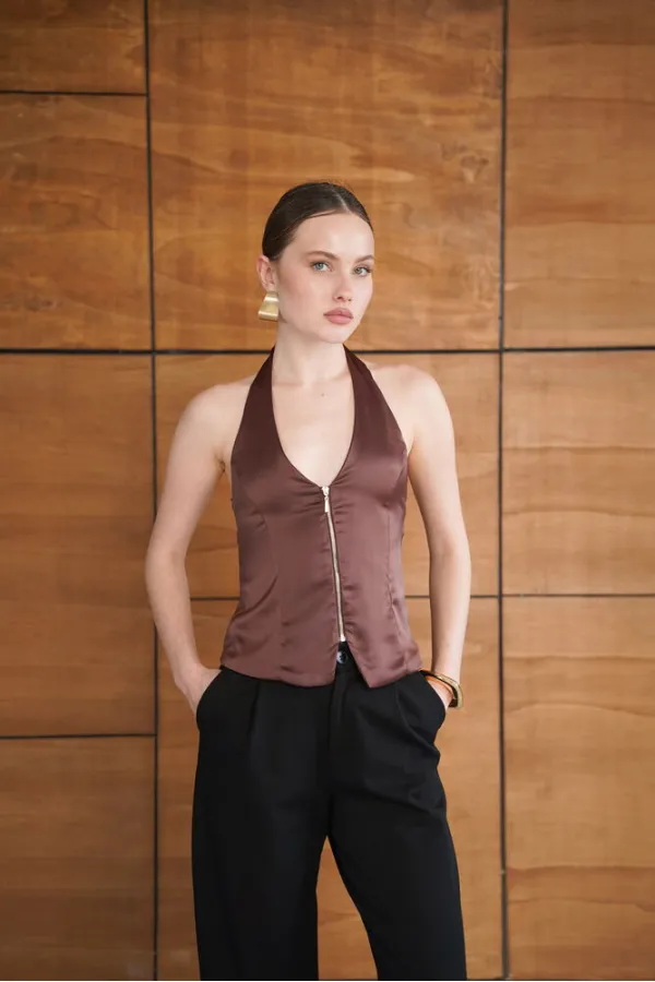 Satin Vest with Zipper - Coffee | D2952 - Topshow Satin Vest with Zipper - Coffee | D2952 - Topshow