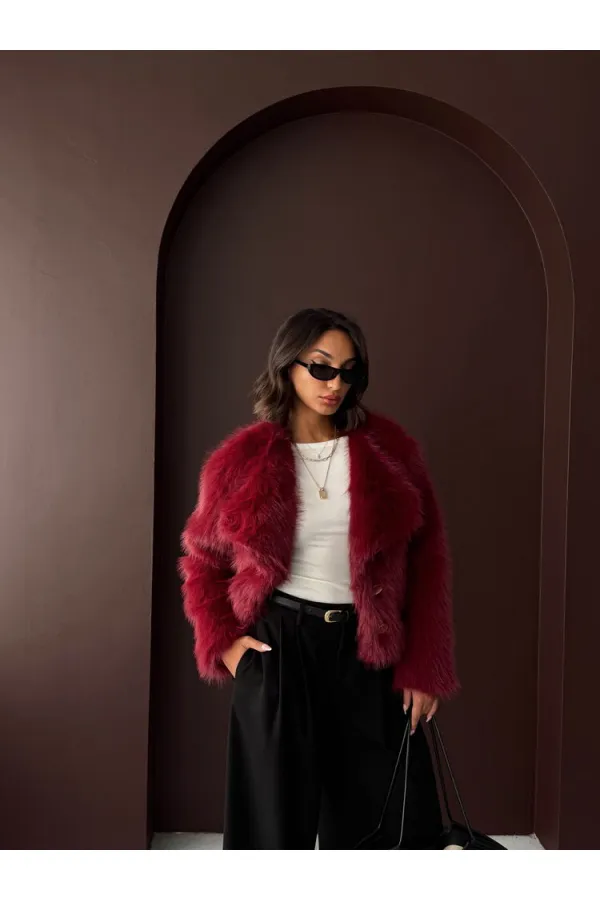 Topshow - Toptan Tavşan Tüyü Dügmeli Kaban - Bordo