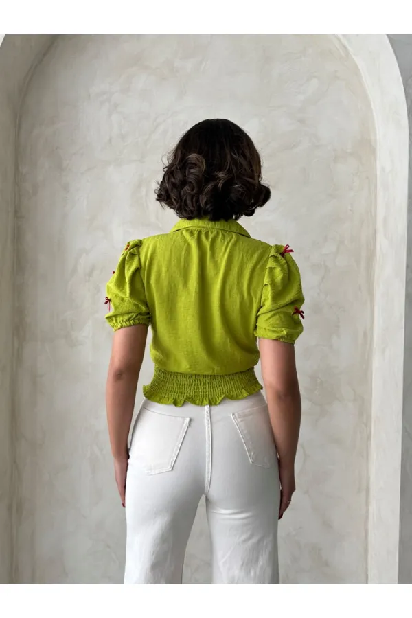 1 Fiyonklu Keten Toptan Gömlek - Fıstık Yeşili | Topshow