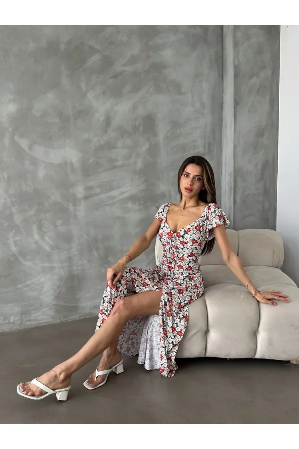 Topshow Kırmızı Çiçek Baskılı Toptan Elbise