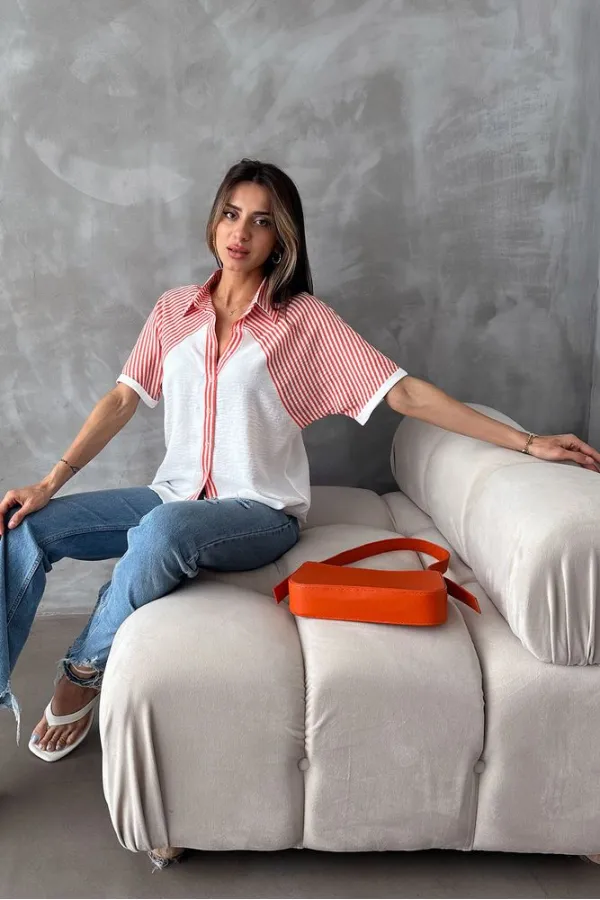 Topshow Orange Stripe Detailed Low Sleeve Wholesale Shirt
