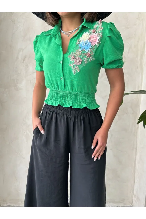 Chemise en lin à fleurs et poitrine de cacahuète Topshow en gros