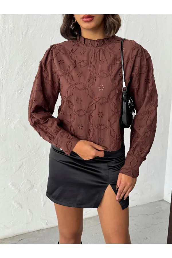 Topshow - Wholesale Embroidered Long Sleeve Women's Blouse - Stylish and Modern - Brown