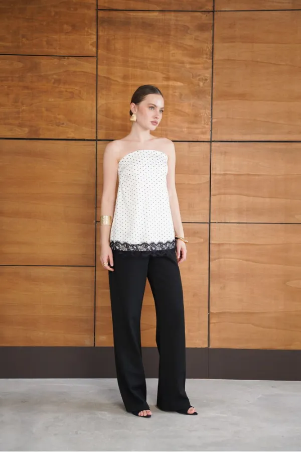 Polka Dot Lace Detail Satin Bustier - Cream | D2963 - Topshow