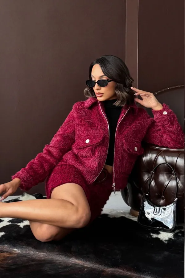 Topshow - Toptan Suni Kürk Görünümlü Kadın Ceket - Bordo