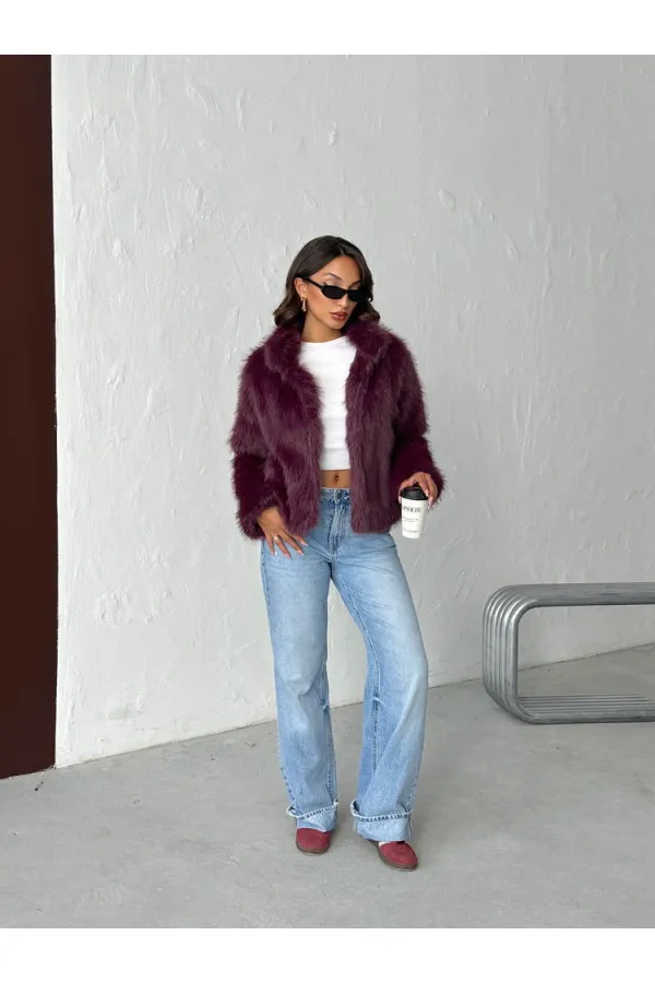 Topshow - Toptan Suni Kürk Kadın Mont - Mürdüm