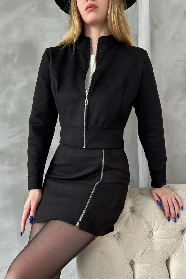 Süet Crop Toptan Mont - Siyah | TOPSHOW | F1551