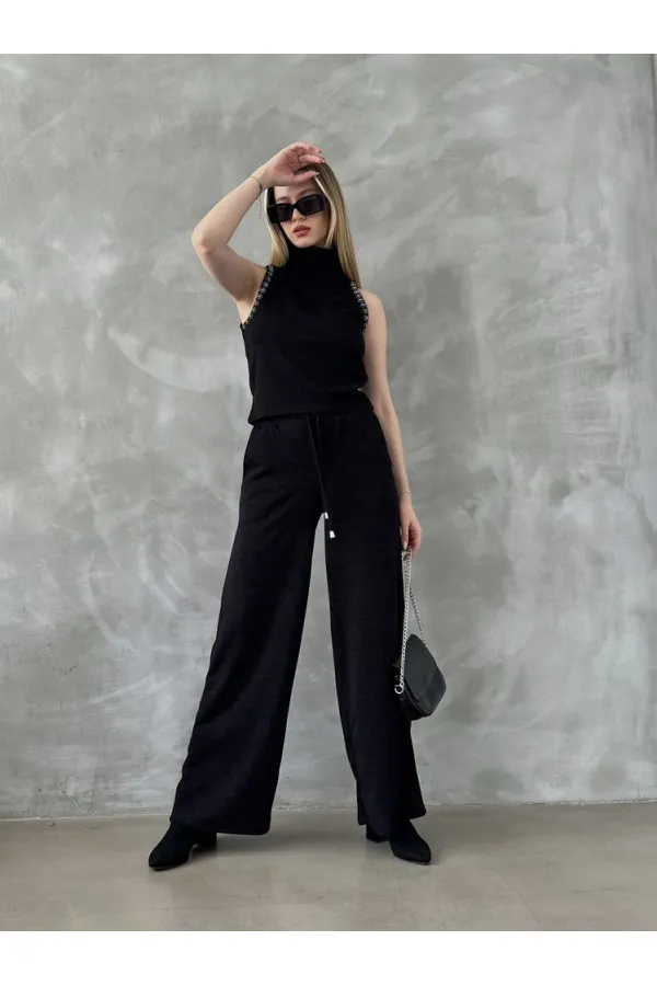 Pantalons en maille en gros - Noir | TOPSHOW | f1486