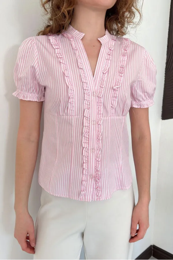D 3021 STRIPED RUFFLED SHIRT - PINK D 3021 STRIPED RUFFLED SHIRT - PINK