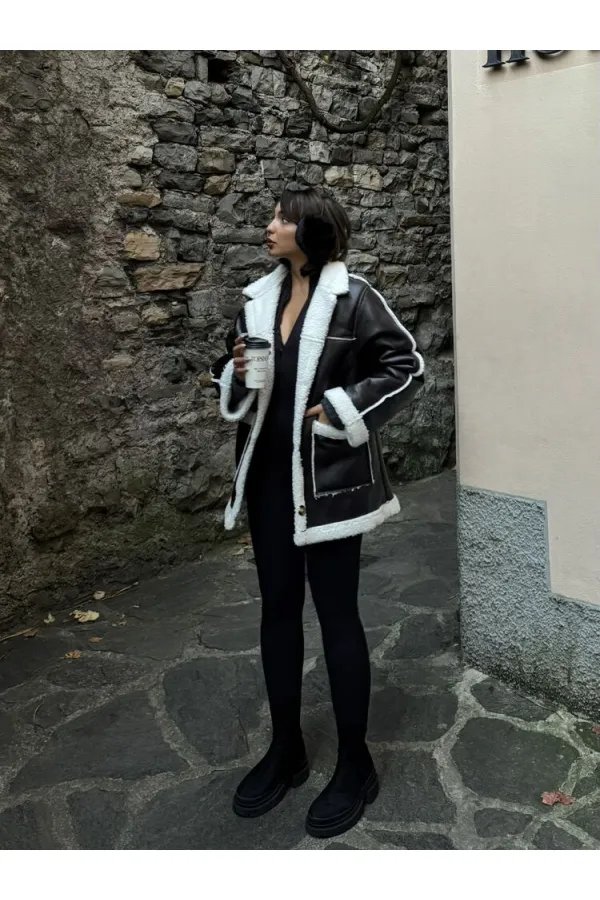 Deri Kürklü Toptan Mont - Siyah Krem | TOPSHOW | F1537