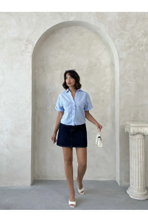 Dantel İşlemeli Toptan Gömlek - Mavi | Topshow